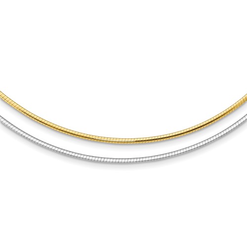 14K Two-tone 2mm Reversible White and Yellow Omega Necklace Plus 2 Inch Heart Chain Extender - 18in