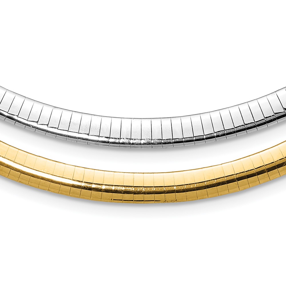 14K Two-tone 6mm Lightweight Reversible Omega Necklace Plus 2 Inch Heart Chain Extender, 16"