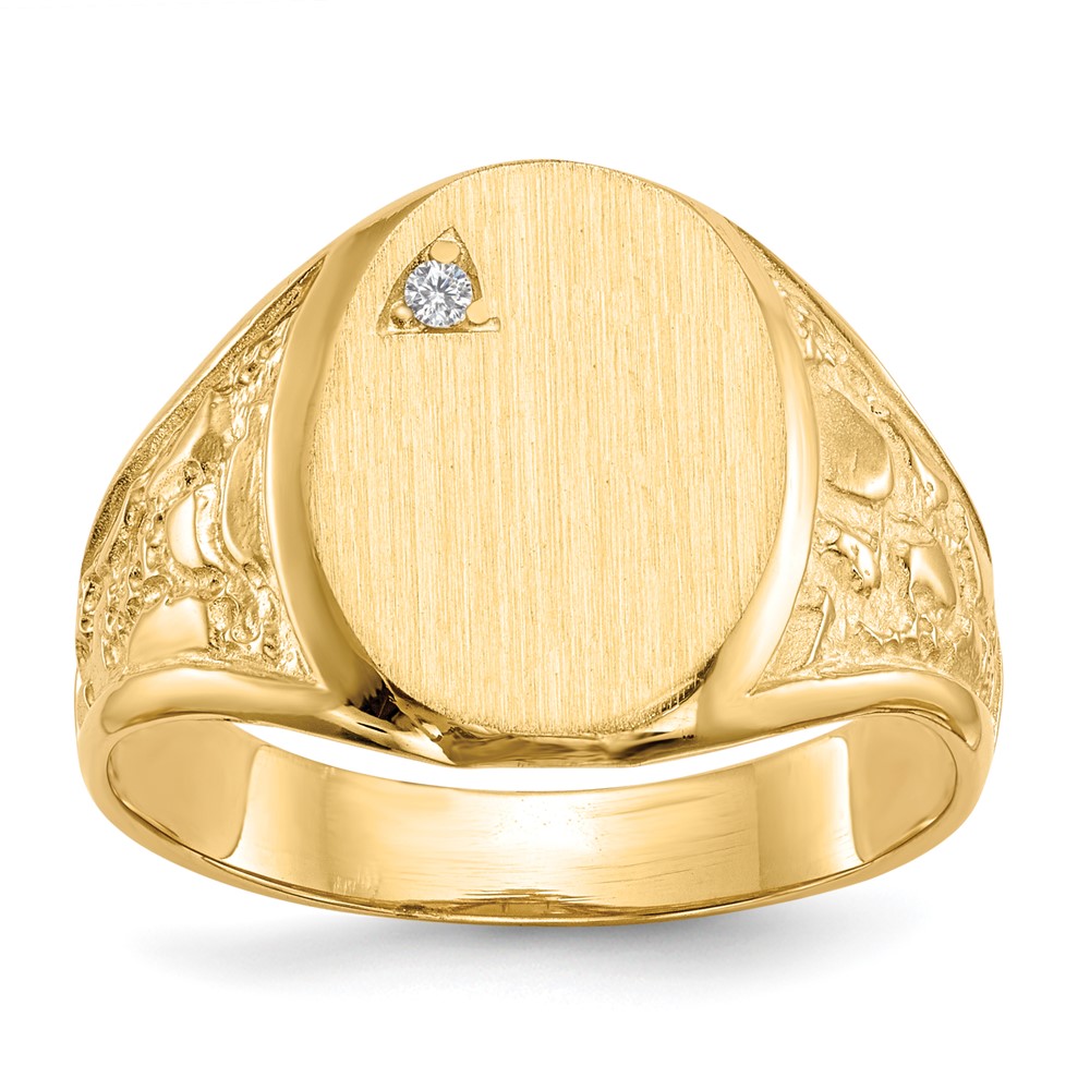 14K Yellow Gold.02ct AA Diamond 11.0x 15.0mm Oval Open Back Mens Nugget Signet Ring