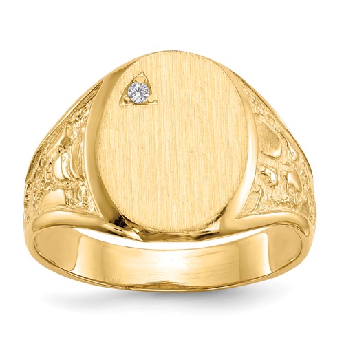 14K Yellow Gold.02ct AA Diamond 11.0x 15.0mm Oval Open Back Mens Nugget Signet Ring