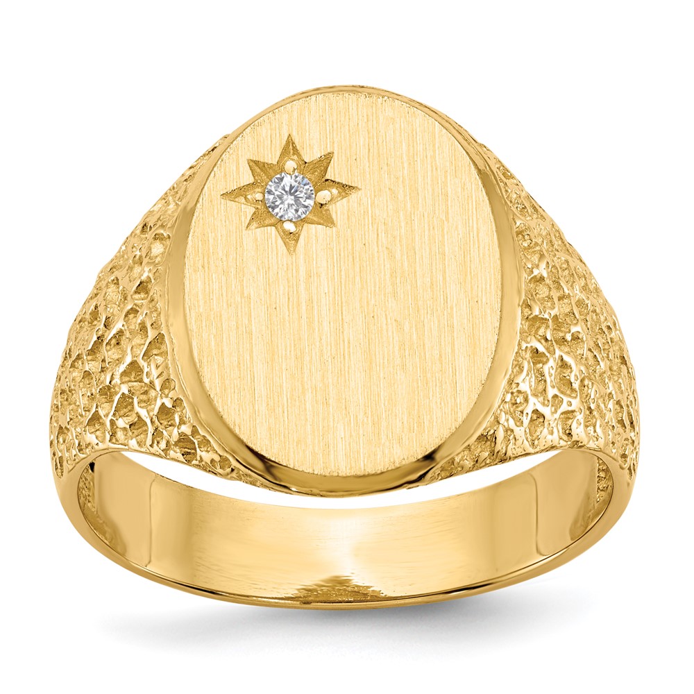 14K Yellow Gold 0.05 Carat AA Diamond 12.0x 16.0mm Oval Open Back Mens Nugget Signet Ring