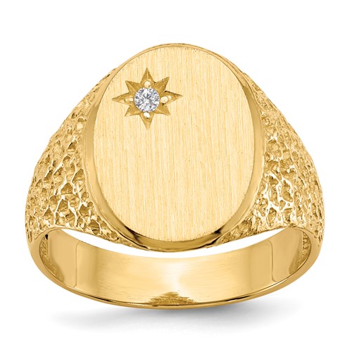 14K Yellow Gold 1/20 Carat VS Diamond 12.0x 16.0mm Oval Open Back Mens Nugget Signet Ring