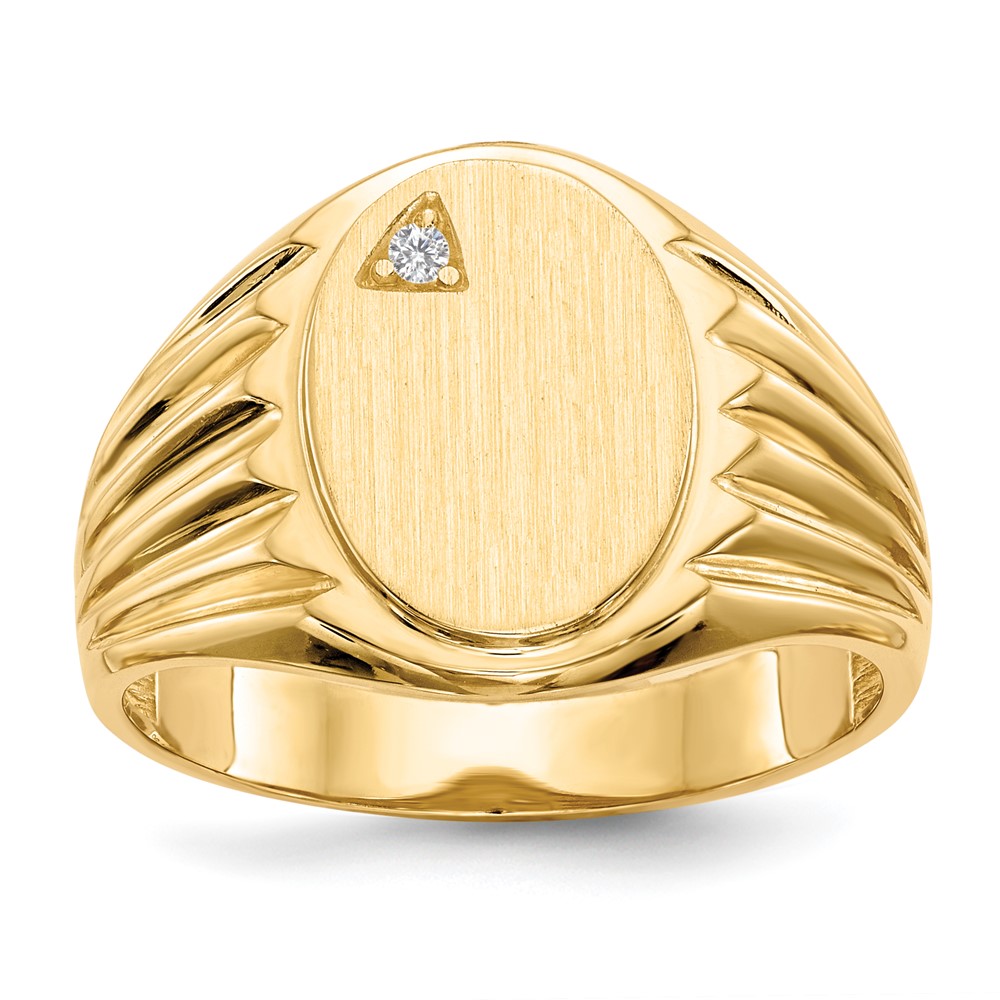 14K Yellow Gold.02ct AA Diamond 10.0x 13.5mm Oval Open Back Mens Signet Ring