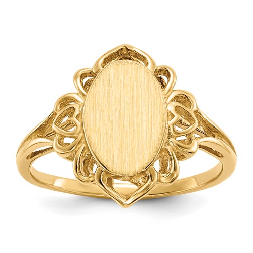 14K Yellow Gold 7.5x 10.5mm Oval Open Back Filigree Heart Edge Signet Ring