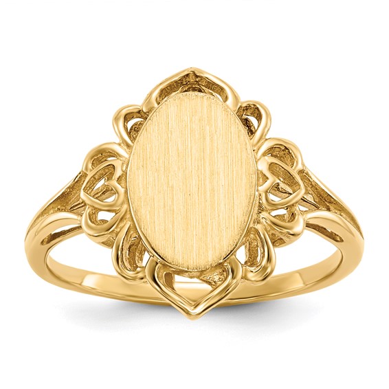 14k 7.5x10.5mm Oval Open Back Filigree Heart Edge Signet Ring