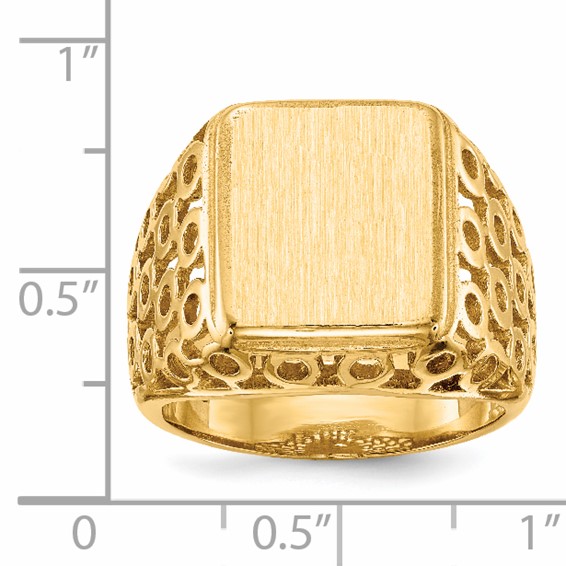 14k 11.5 x 13.5mm Rectangle Open Back Cut-out Circles Mens Signet Ring
