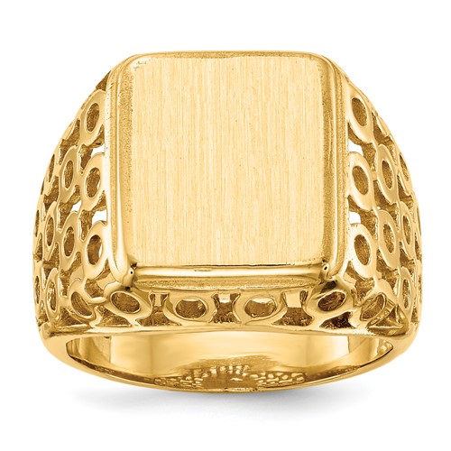 14K Yellow Gold 11.5 X 13.5mm Rectangle Open Back Cut-out Circles Mens Signet Ring