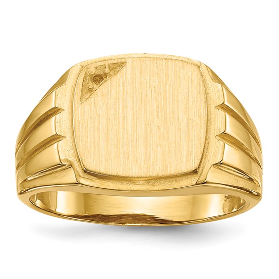 14k Holds 1-1.6mm Diamond 12.0x11.5mm Cushion Open Back Grooved Sides Mens Signet Ring Mounting
