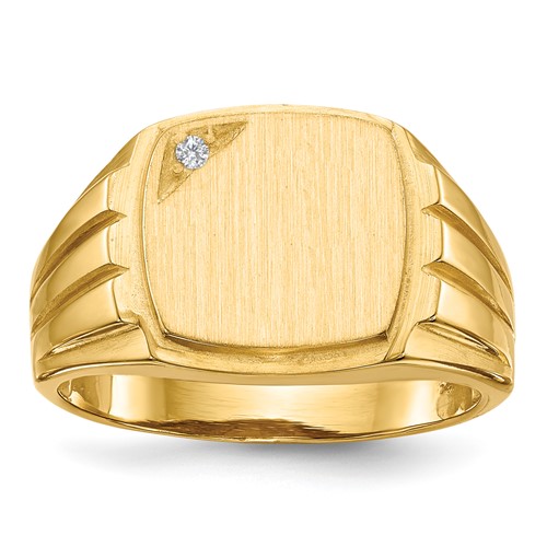 14K Yellow Gold.02ct AA Diamond 12.0x 11.5mm Cushion Open Back Grooved Sides Mens Signet Ring