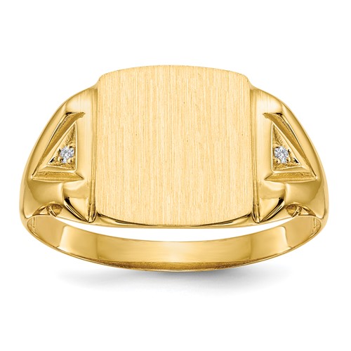 14K Yellow Gold.02ct AA Diamond 11.0x 12.0mm Cushion Open Back Mens Signet Ring