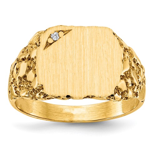 14K Yellow Gold.01ct VS Diamond 11.5x 10.0mm Cushion Closed Back Nugget Signet Ring