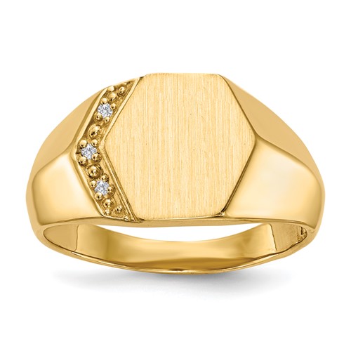 14K Yellow Gold.01ct AA Diamond 11.5x 11.5mm Hexagon Open Back Mens Signet Ring