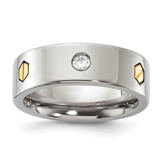Titanium & 14ky Accent Polished Hexagon Bolt & CZ 7mm Men's Ring