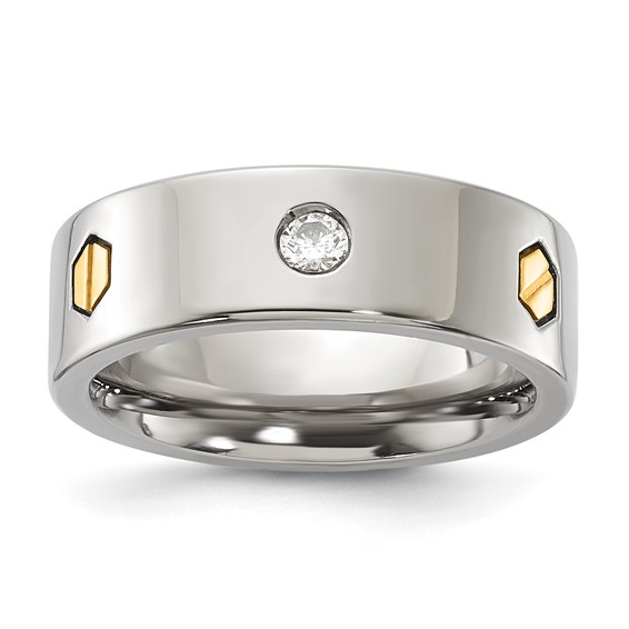 Titanium & 14ky Accent Polished Hexagon Bolt & CZ 7mm Men's Ring