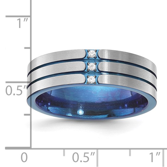 Titanium Blue-tone Polished & Brushed Triple Grooved CZ Men's Ring