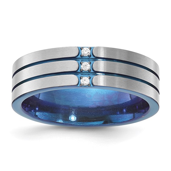 Titanium Blue-tone Polished & Brushed Triple Grooved CZ Men's Ring