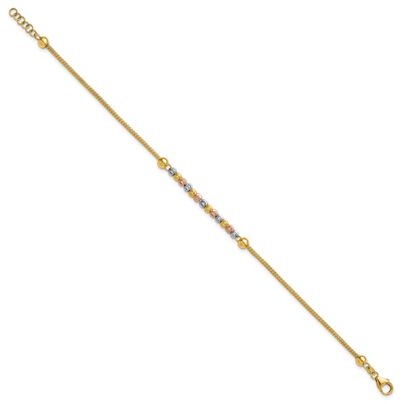 14k Tri-color Polished and D/C Beaded Mesh Bracelet
