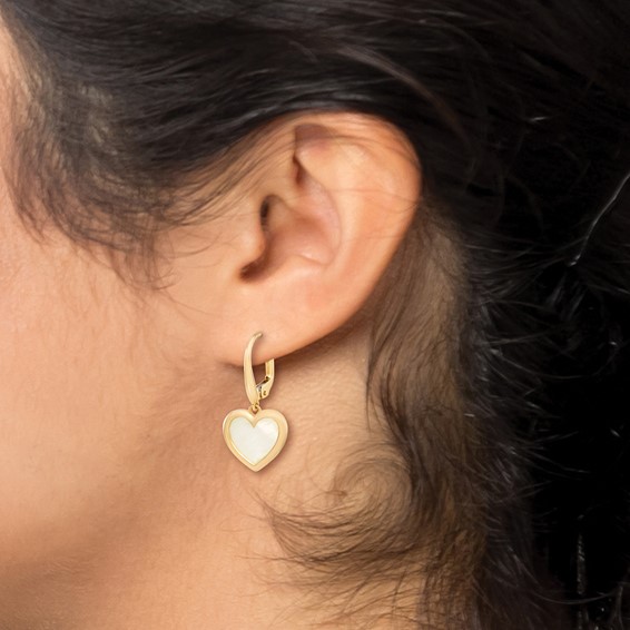 14k Polished Mother of Pearl Heart Leverback Earrings