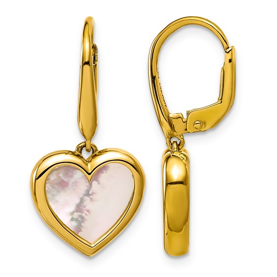 14k Polished Mother of Pearl Heart Leverback Earrings