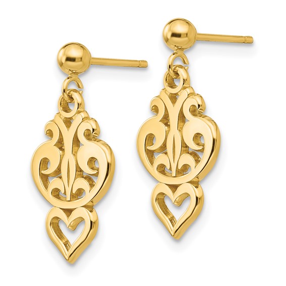 14k Polished Filigree Fancy Heart Dangle Post Earrings