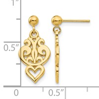 14K Yellow Gold Polished Filigree Fancy Heart Dangle Post Earrings view 4