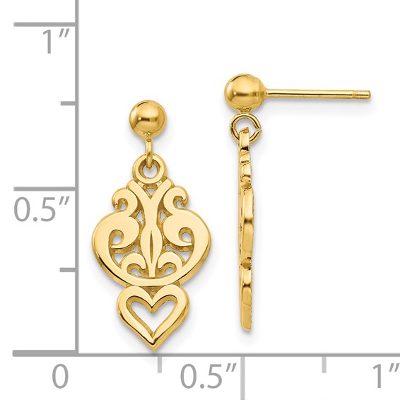 14k Polished Filigree Fancy Heart Dangle Post Earrings
