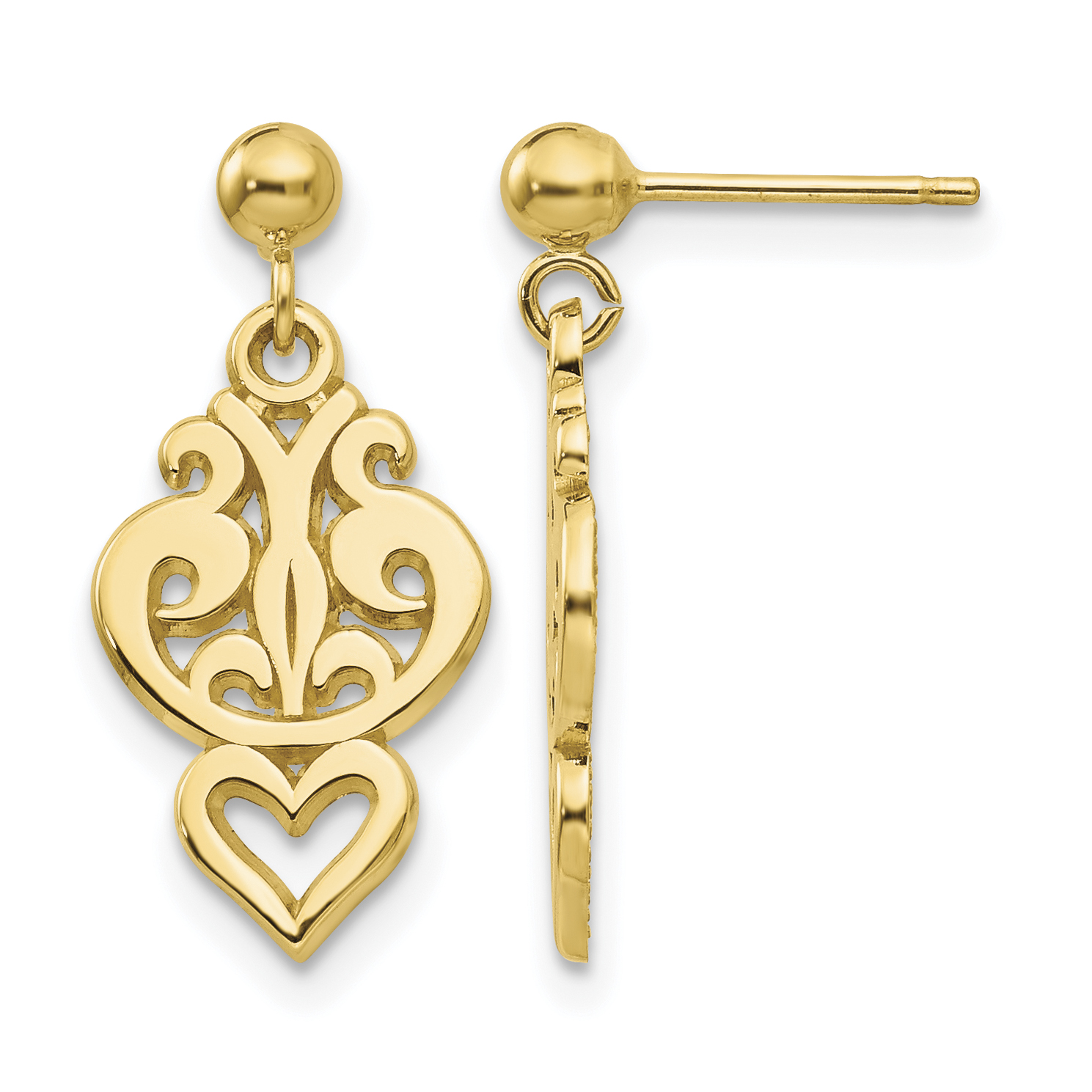 14k Polished Filigree Fancy Heart Post Dangle Earrings (S1103)