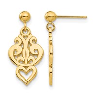 14K Yellow Gold Polished Filigree Fancy Heart Dangle Post Earrings view 1