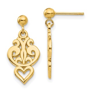 14k Polished Filigree Fancy Heart Dangle Post Earrings