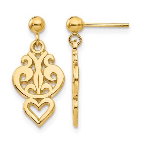 14K Yellow Gold Polished Filigree Fancy Heart Dangle Post Earrings
