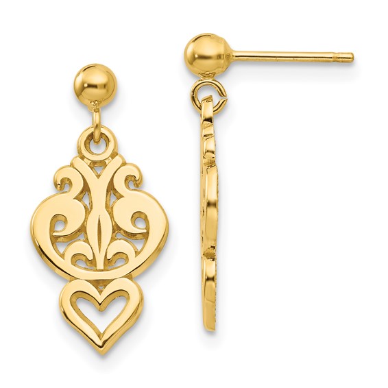 14k Polished Filigree Fancy Heart Dangle Post Earrings