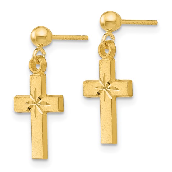 14k Satin and Diamond-Cut Cross Dangle Post Earrings