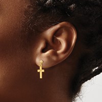 14K Yellow Gold Satin and Diamond-Cut Cross Dangle Post Earrings view 3