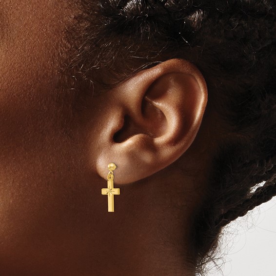 14k Satin and Diamond-Cut Cross Dangle Post Earrings