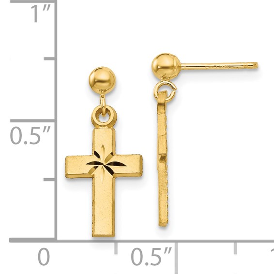 14k Satin and Diamond-Cut Cross Dangle Post Earrings