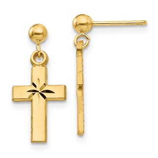 14k Satin and Diamond-Cut Cross Dangle Post Earrings