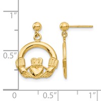 14K Yellow Gold Claddagh Dangle Post Earrings view 4