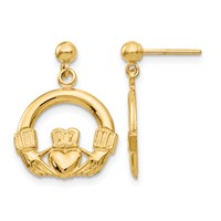 14K Yellow Gold Claddagh Dangle Post Earrings view 1