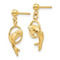 14K Yellow Gold Polished Dolphin Jumping Through Hoop Dangle Post Earrings view 2