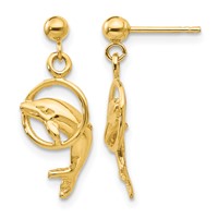 14K Yellow Gold Polished Dolphin Jumping Through Hoop Dangle Post Earrings view 1