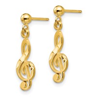 14K Yellow Gold Polished Diamond-cut Treble Clef Dangle Post Earrings view 2