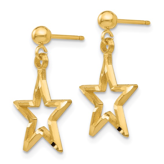 14k Polished Diamond-Cut Open Star Dangle Post Earrings