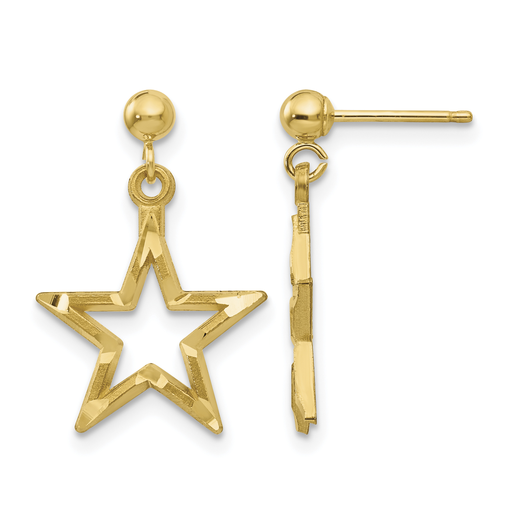 14k Polished & Diamond-Cut Star Dangle Post Earrings (S1351)