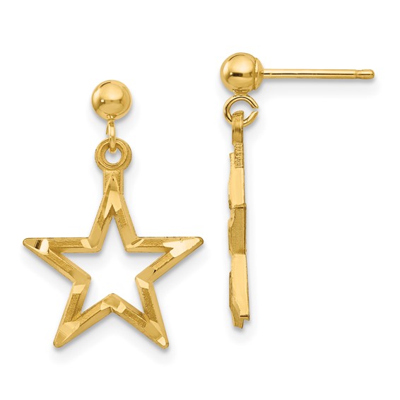 14k Polished Diamond-Cut Open Star Dangle Post Earrings