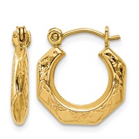 14K Yellow Gold Polished Patterned Hollow Hoop Earrings view 1