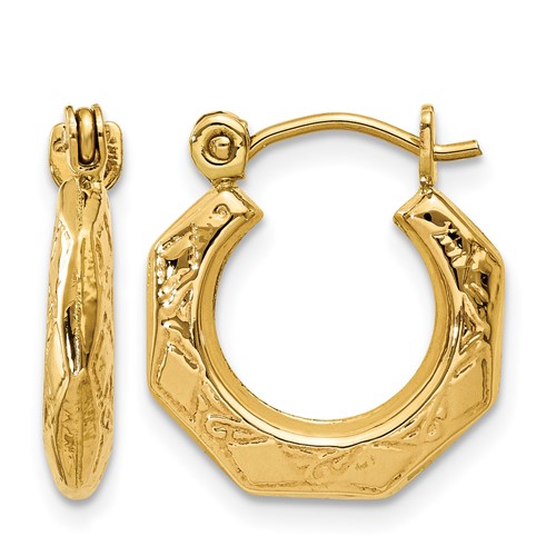 14K Yellow Gold Polished Patterned Hollow Hoop Earrings