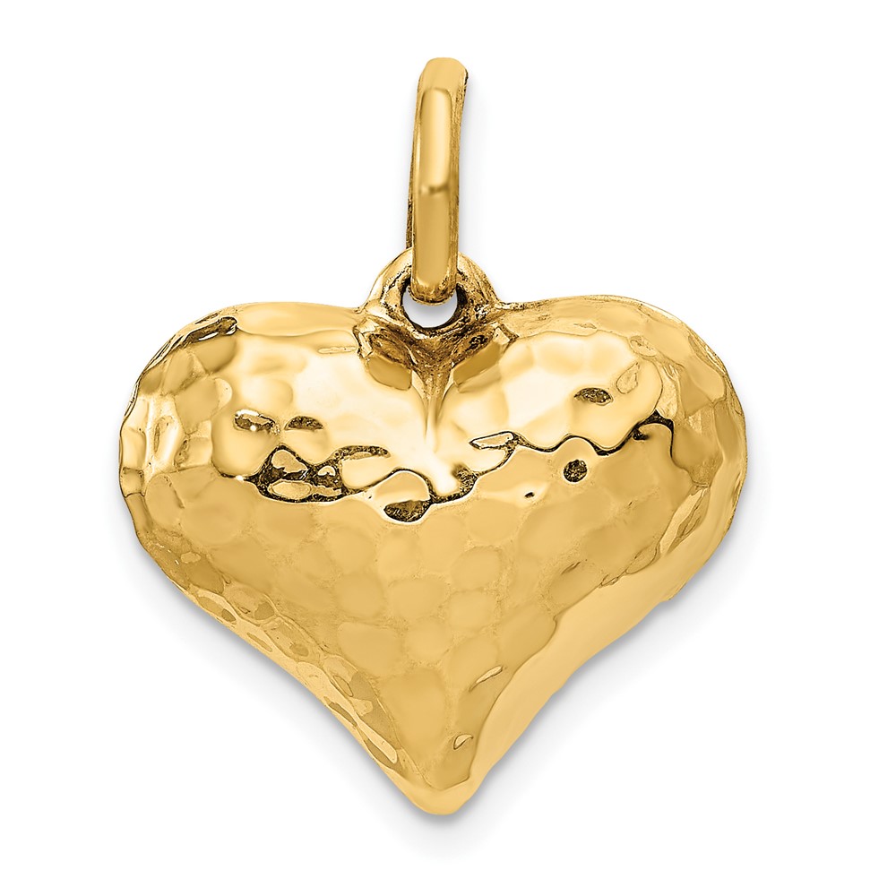 14K Yellow Gold Polished and Hammered 3-D Puffed Heart Pendant