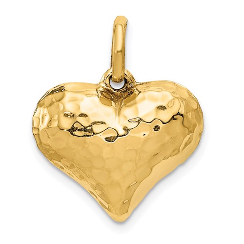 14K Yellow Gold Polished and Hammered 3-D Puffed Heart Pendant