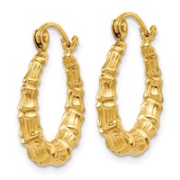 14K Yellow Gold Polished Bamboo Design Hollow Hoop Earrings view 2