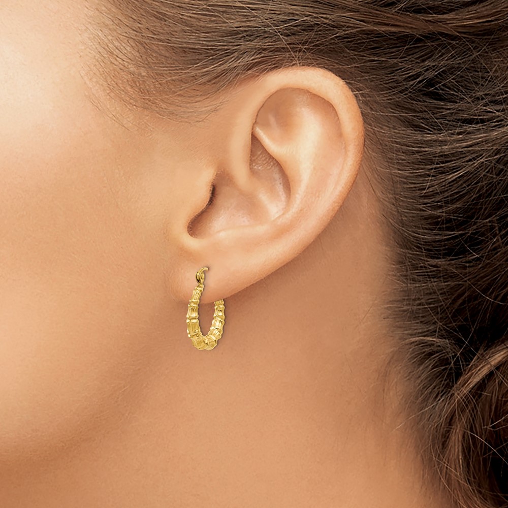 14k Polished Bamboo Design Hollow Hoop Earrings (S824)